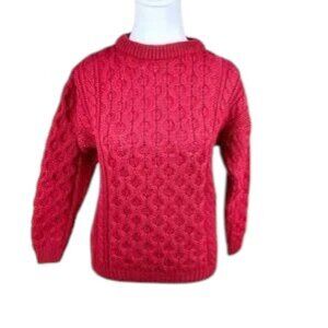 Aran Sweater Market Sweater Wool Red Cable Knit (XL KIDS)